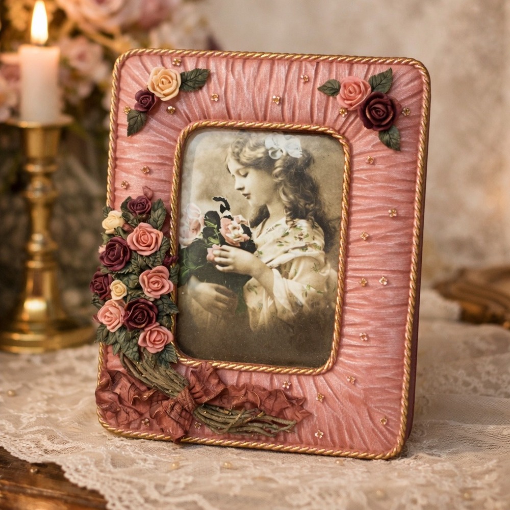 Pink Floral Picture Frame 3.5x5 3D Roses Vintage Romantic Coquette  Shabby Chic